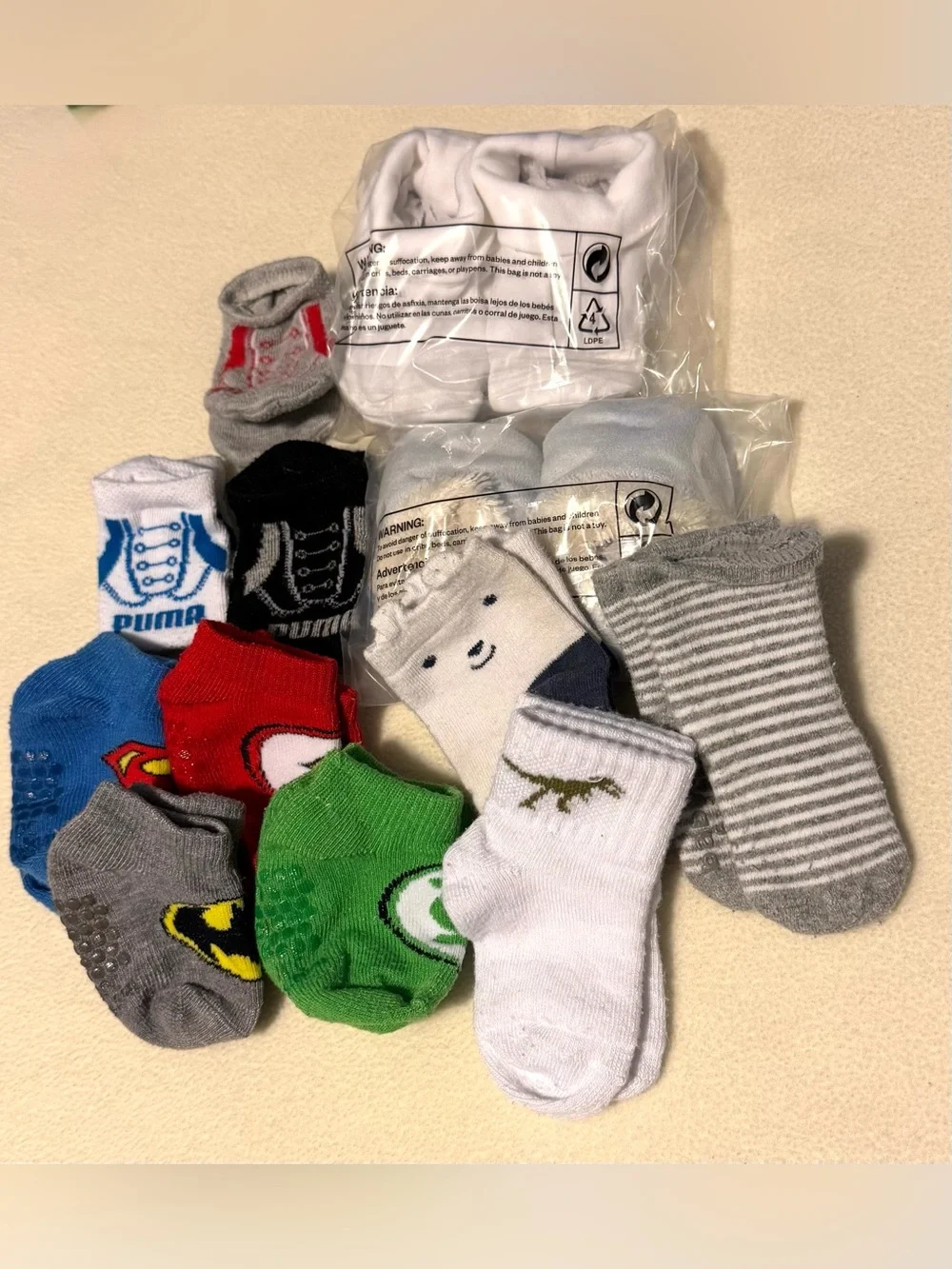 Baby Boy Socks & Booties Bundle 12pk Size 3-6M Puma, DC Comics Superheroes